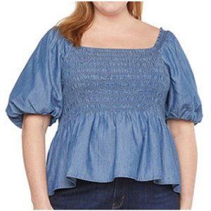 A.N.A Cotton + Lyocell Chambray Square Neck Short Sleeve Peplum Blouse